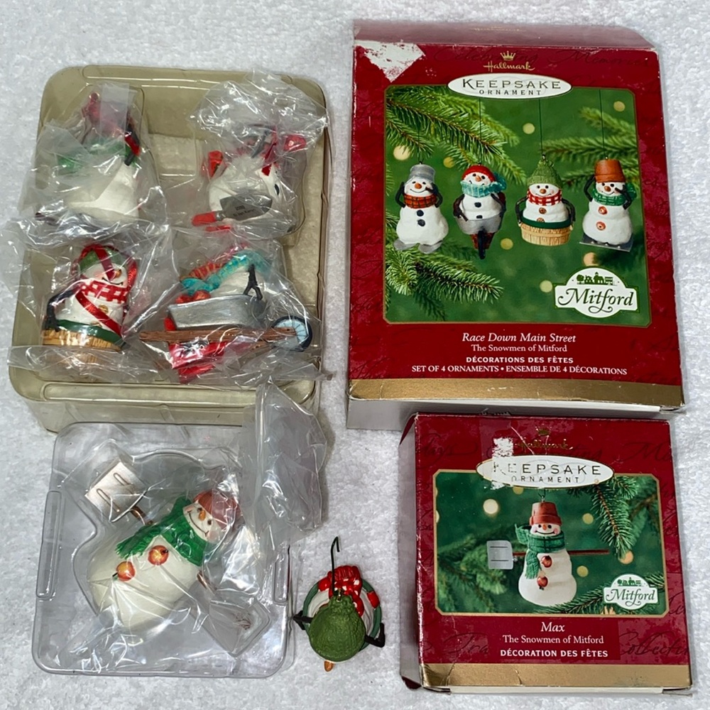 Nib Vintage hallmark Mitford snowmen race down Main Street max ornaments